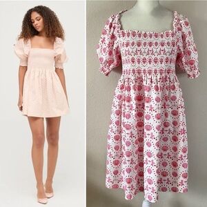 HILL HOUSE Athena Nap Dress Mermaid Seashell Cherry Print Puff Sleeve L Coquette
